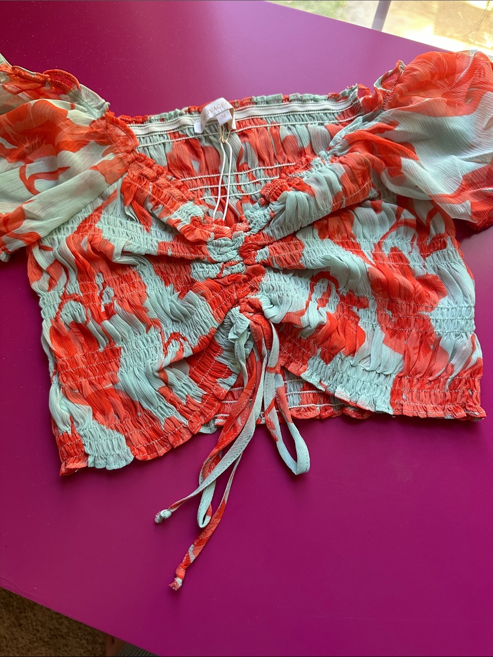 Olivaceous Coral & Mint Floral Ruched Off-Shoulder Top